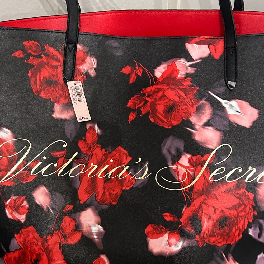 Victoria's Secret Black Tote with Red Floral Print - Picture 2 of 5